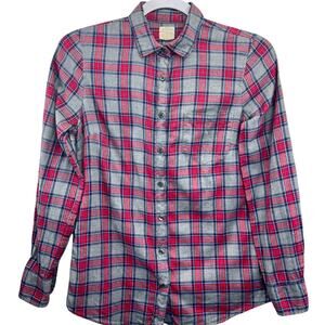 J.Crew Womens Plaid Flannel Shirt Red Gray XSP Petite Long Sleeve Button‎ Up